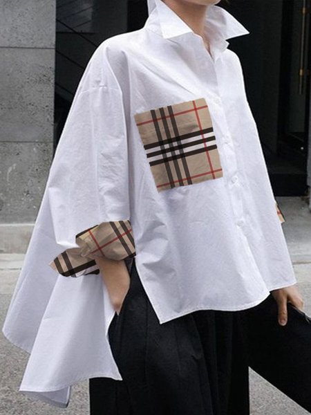 

Plus Size Casual Daily Shirt Collar Loose Split Joint Plaid Blouse, White, Plus Tops