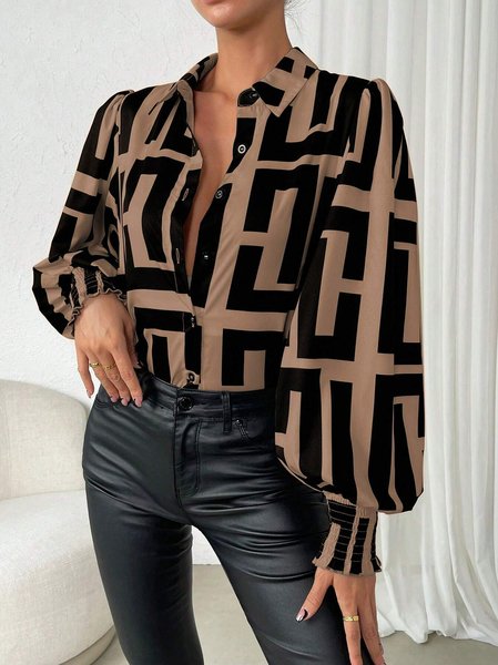 

Shirt Collar Long Sleeve Geometric Regular Loose Blouse For Women, Khaki, Blouses