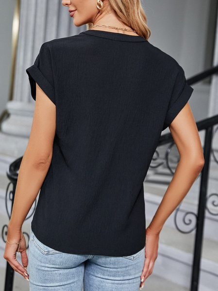 

V Neck Plain Casual Shirt, Black, Shirts & Blouses