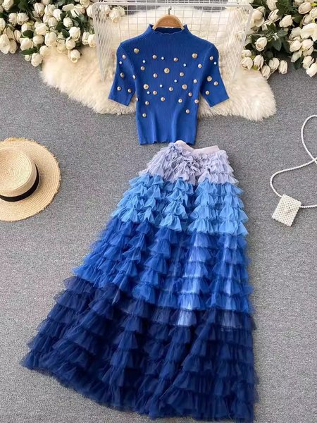 

Women Plain Crew Neck Short Sleeve Comfy Casual Beaded Top With Skirt Two-Piece Set, Blue, Sets