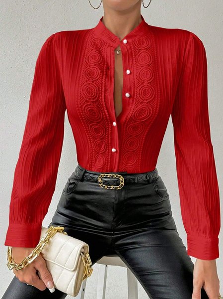 

Stand Collar Long Sleeve Plain Lace Regular Loose Blouse For Women, Red, Blouses