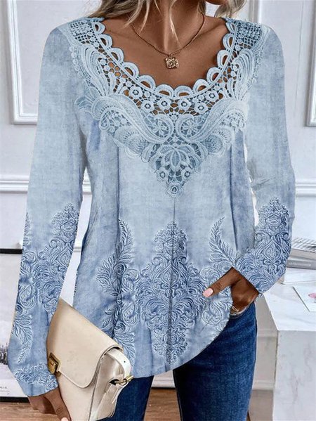 

Women's Long Sleeve Blouse Spring/Fall Random Print Lace Jersey Crew Neck Daily Going Out Casual Top Blue, Blouses
