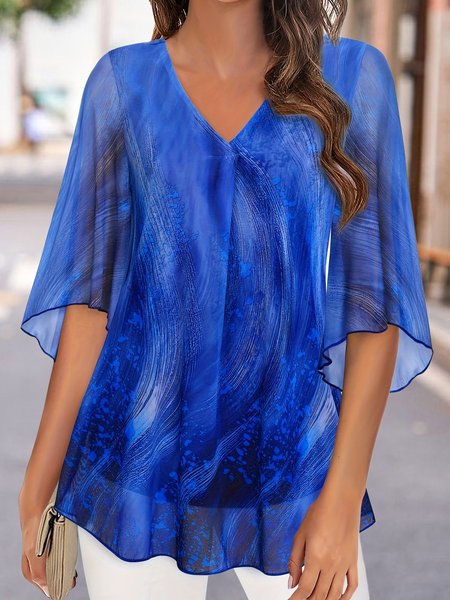 

Gradient Pattern Simple Chiffon Flare Sleeve V Neck Blouse, Blue, Shirts & Blouses