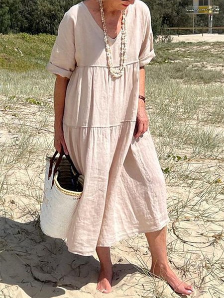 

V Neck Cotton Casual Dress, Apricot, Dresses