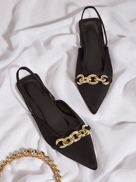 

Metal Chain Decor Flat Heel Slingback Shoes, Black, Heels