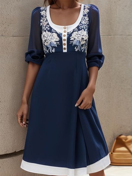 

Elegant Scoop Neck Floral Dress, Dark blue, Dresses