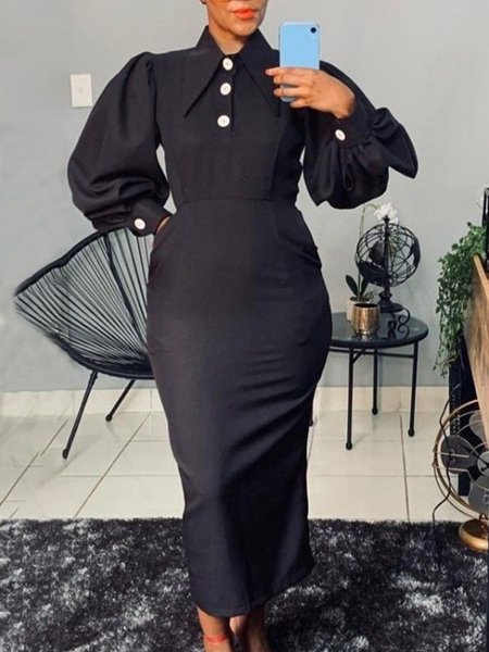 

Regular Fit Lantern Sleeve Shirt Collar Elegant Dress, Black, Maxi Dresses