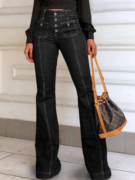 

Regular Fit Casual Denim Grommets Pants, Black, Jeans