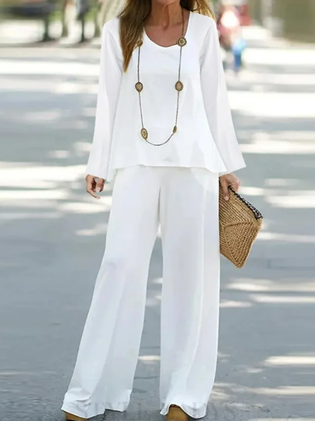 

Plain Casual Loose Crew Neck Two-Piece Set, White, Suit Set