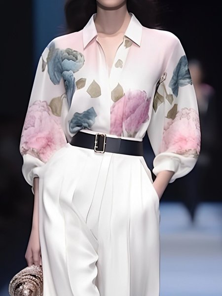 

Daily Floral Shirt Collar Urban Regular Fit Blouse, White, Blouses and Shirts