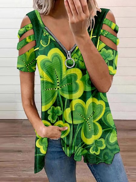 

Women's Shamrock Short Sleeve Tee T-shirt V Neck Zipper Casual Summer Tunic Top, Green, T-Shirts