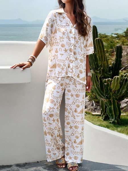 

Women Geometric Shirt Collar Short Sleeve Comfy Casual Top With Pants Two-Piece Set, Apricot, Sets