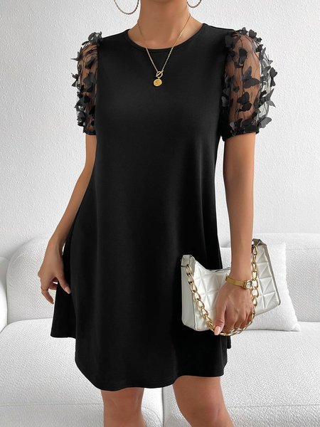 

Women Plain Crew Neck Short Sleeve Comfy Casual Mesh Short Dress, Black, Dresses