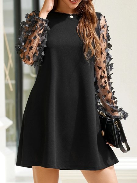 

Women Plain Crew Neck Long Sleeve Comfy Casual Mesh Short Dress, Black, Dresses