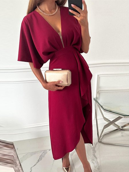 

Women Plain V Neck Short Sleeve Comfy Casual Midi Dress, Red, Dresses