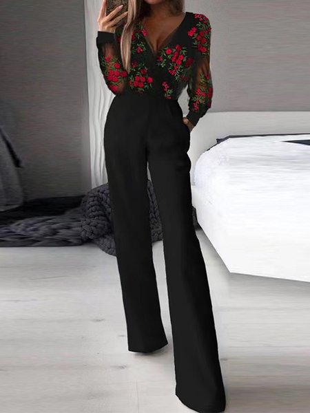 

Women Long Sleeve V Neck Regular Fit Long Mesh Party Casual Floral Jumpsuits, Black, Jumpsuits&Rompers