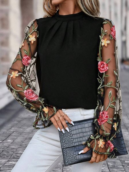 

Crew Neck Long Sleeve Floral Mesh Regular High Elasticity Loose Shirt For Women, Black, Blouses