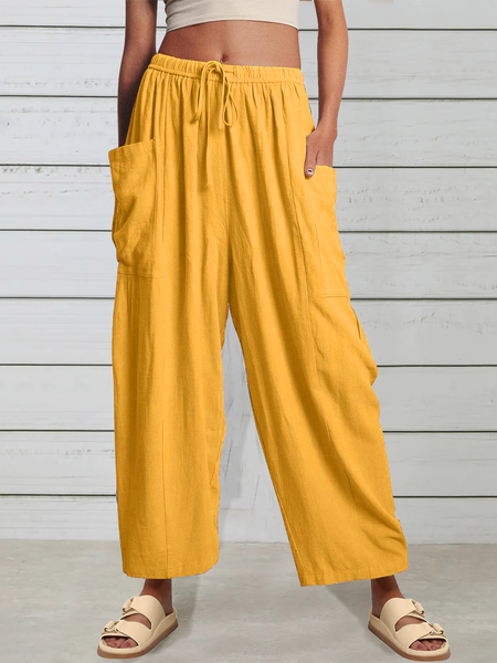 

Pocket Stitching Cotton Casual Pants, Yellow, Pants