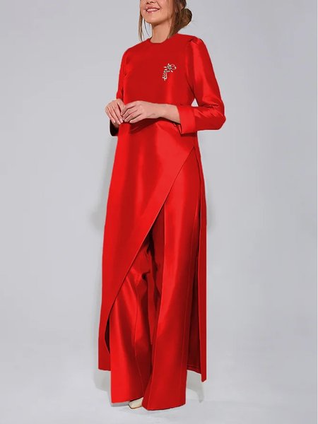 

Elegant Plain Crew Neck Long Sleeve Regular Fit Shirt, Red, Blouses and Shirts