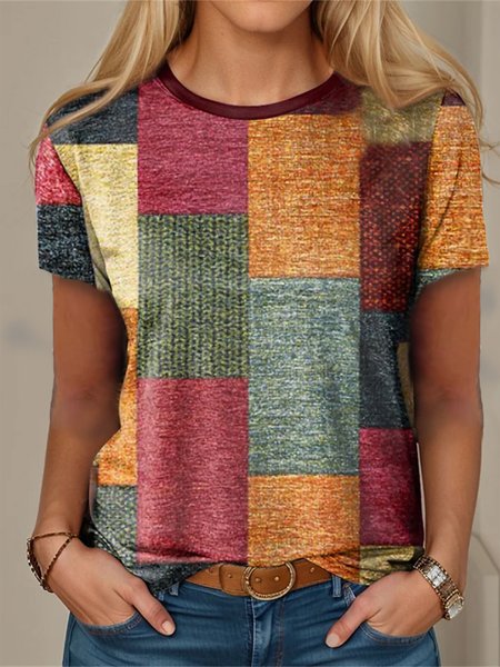 

Casual Loose Multicolor Block Crew Neck T-Shirt, T-Shirts