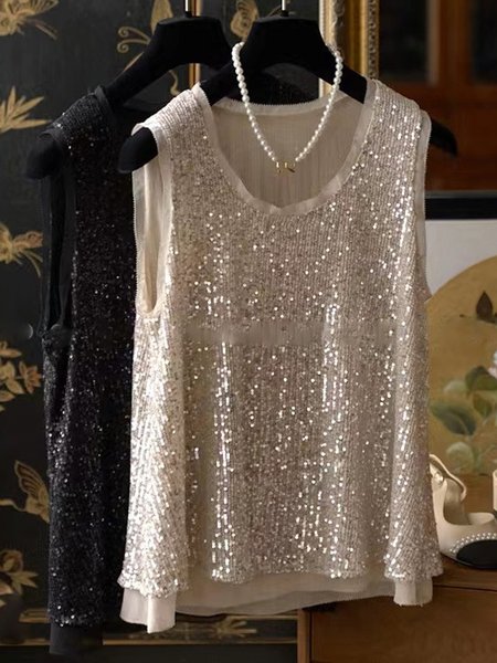

Casual Crew Neck Plain Tank Top Glitter, Khaki, Tanks & Camis