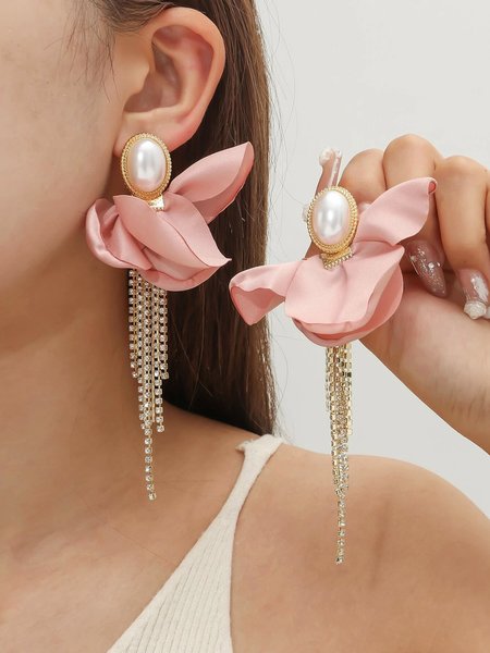 

Elegant Pink Flower Imitation Pearl Rhinestone Tassel Drop Earrings, Earrings