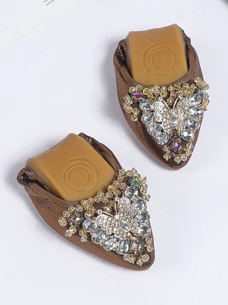 

Casual Plain Slip On Flat Heel Shallow Shoes Rhinestone, Light brown, Flats/Loafers