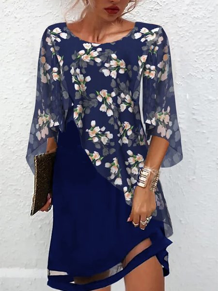 

Women's Three Quarter Sleeve Spring/Fall Floral Dress Crew Neck Holiday Going Out Casual Midi H-Line, Blue, Dresses