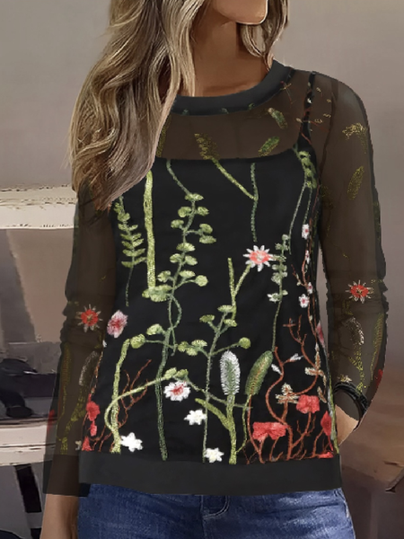 

Casual Embroidery Patterns Crew Neck Long Sleeve T-shirt, Black, T-shirts