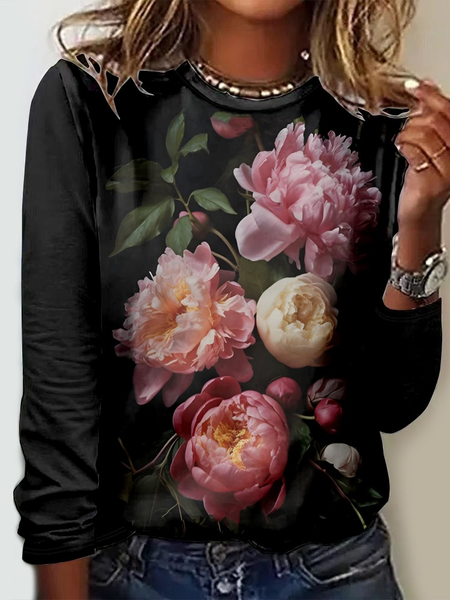 

Floral Regular Fit Crew Neck Casual Shirt, As picture, Long sleeves