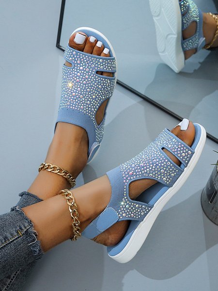 Casual Plain Slip On Flat Heel Ankle Strap Sandals Rhinestone, Blue, Sandals
