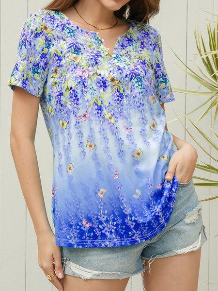 

Loose Casual V Neck Floral T-Shirt, Purple, T-Shirts