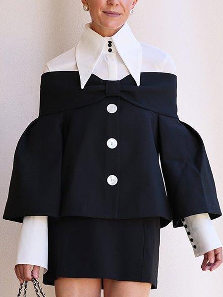 

Urban Shirt Collar Regular Fit Color Block Matching Outfit, Black-white, Two-piece Set