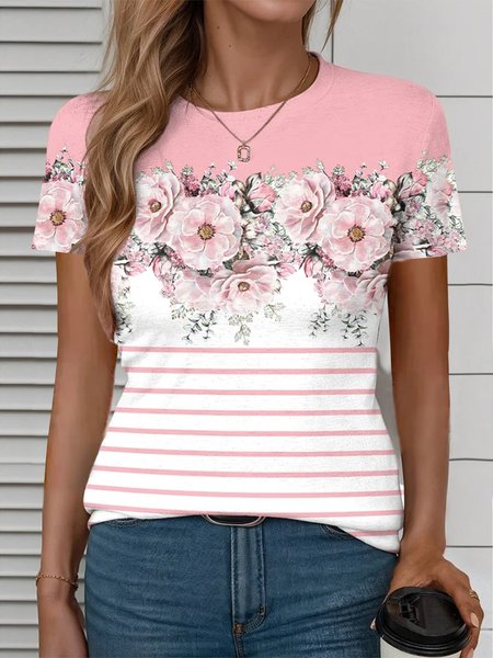 

Crew Neck Floral Casual T-Shirt, Pink, T-Shirts