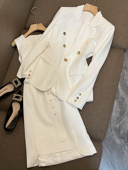 Women Plain Shawl Collar Long Sleeve Comfy Casual Coat With Skirt Two-Piece Set, White, Sets