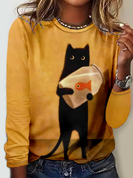 

Crew Neck Cat Casual Long Sleeve Shirt, As picture, Long sleeves