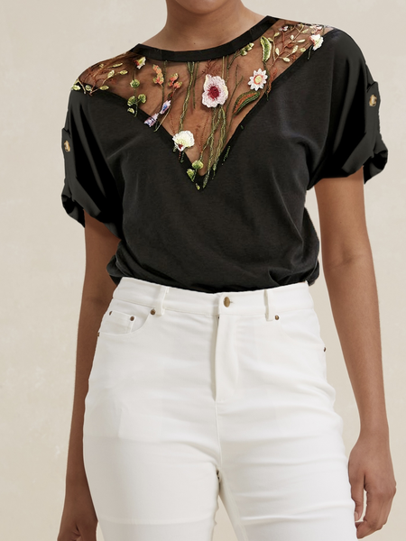 

Casual Embroidery Patterns Crew Neck Short Sleeve T-shirt, Black, T-shirts