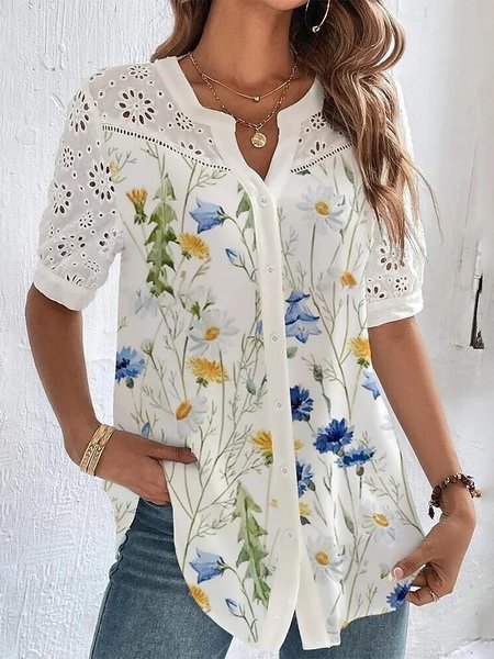 

V Neck Floral Casual Blouse, White, Blouses & Shirts