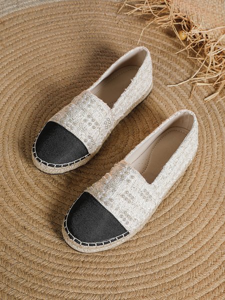 

Imitation Pearl Color-block Vacation Espadrille Flats, Black-white, Flats