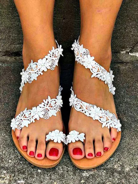 Boho Plain Slip On Flat Heel Thong Sandals Lace, White, Sandals