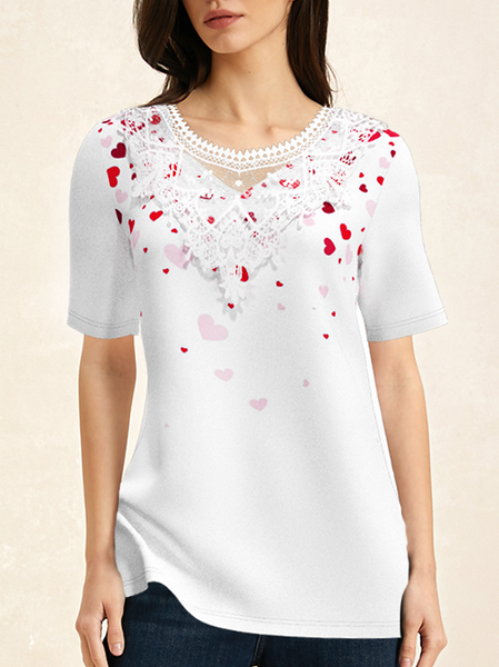 

Crew Neck Long Sleeve Heart/Cordate Lace Regular Micro-Elasticity Loose Shirt For Women, White, Blouses
