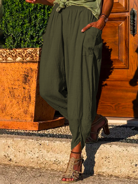 Simple Plain Loose Linen Style Pants, Army green, Pants