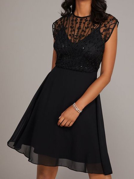 

Women Plain Crew Neck Cap Sleeve Comfy Casual Lace Short Dress, Black, Dresses
