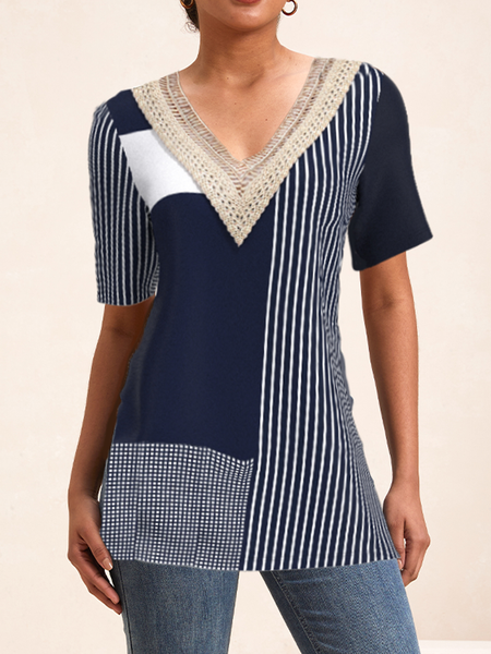 

Crew Neck Long Sleeve Striped Lace Regular Micro-Elasticity Loose Shirt For Women, Blue, Blouses