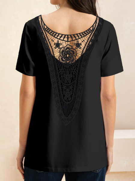 

Casual Plain V Neck Short Sleeve T-shirt, Black, T-shirts