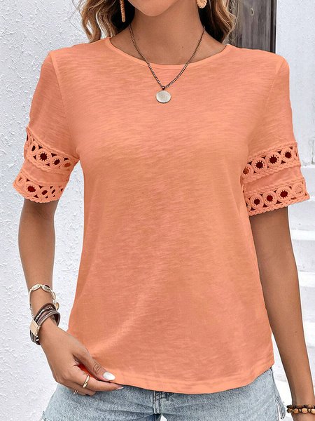 

Lace Casual Plain T-Shirt, Light orange, T-Shirts