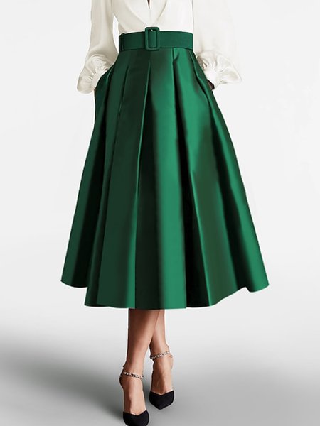 

Loose Plain Elegant Skirt With Belt, Green, Skirts