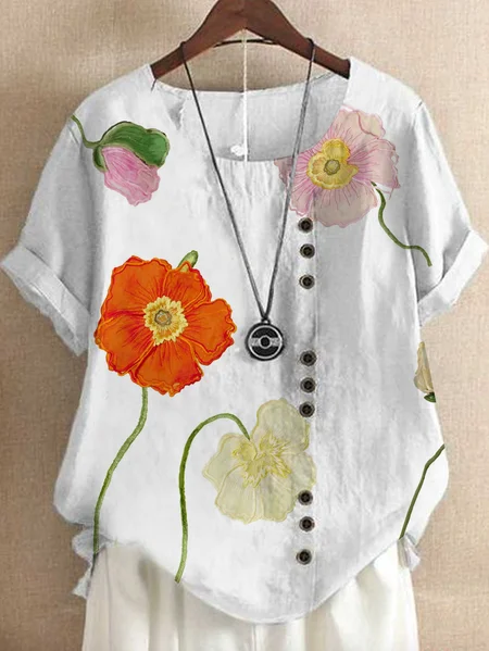 

Women's Shirt T shirt Tee Floral Daily Vacation Going out Print Button Short Sleeve Streetwear Crewneck Regular Fit Summer Spring, White, Blouses & Shirts