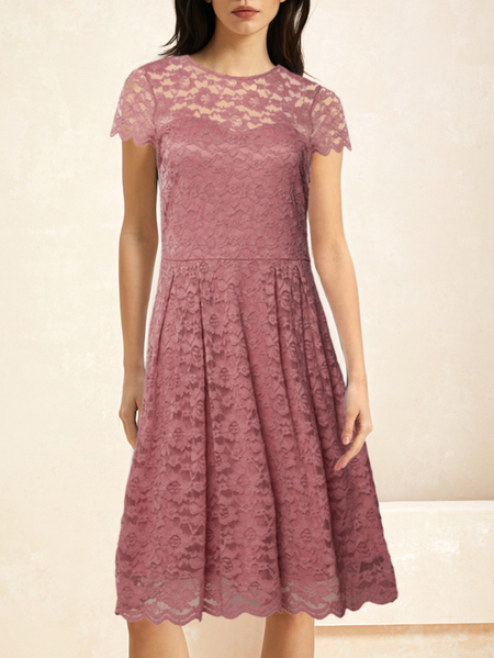 

Women Plain Crew Neck Short Sleeve Comfy Casual Lace Short Dress, Pink, Dresses