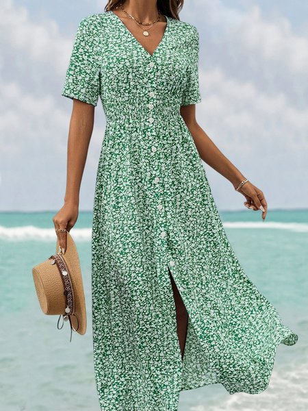 

Women Floral V Neck Short Sleeve Comfy Casual Midi Dress, Green, Dresses